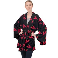 Red, hot jalapeno peppers, chilli pepper pattern at black, spicy Long Sleeve Velvet Kimono 