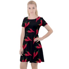 Red, hot jalapeno peppers, chilli pepper pattern at black, spicy Cap Sleeve Velour Dress 