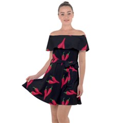 Red, hot jalapeno peppers, chilli pepper pattern at black, spicy Off Shoulder Velour Dress