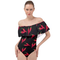 Red, hot jalapeno peppers, chilli pepper pattern at black, spicy Off Shoulder Velour Bodysuit 
