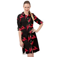 Red, hot jalapeno peppers, chilli pepper pattern at black, spicy Long Sleeve Mini Shirt Dress