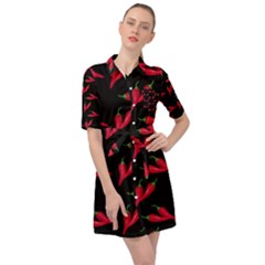 Red, hot jalapeno peppers, chilli pepper pattern at black, spicy Belted Shirt Dress