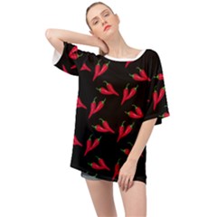 Red, hot jalapeno peppers, chilli pepper pattern at black, spicy Oversized Chiffon Top