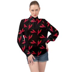 Red, hot jalapeno peppers, chilli pepper pattern at black, spicy High Neck Long Sleeve Chiffon Top