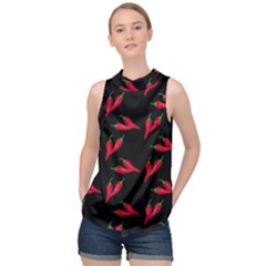 Red, hot jalapeno peppers, chilli pepper pattern at black, spicy High Neck Satin Top
