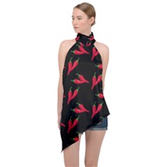Red, hot jalapeno peppers, chilli pepper pattern at black, spicy Halter Asymmetric Satin Top