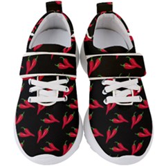 Red, hot jalapeno peppers, chilli pepper pattern at black, spicy Kids  Velcro Strap Shoes