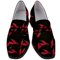 Red, Hot Jalapeno Peppers, Chilli Pepper Pattern At Black, Spicy Women s Chunky Heel Loafers