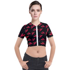 Red, hot jalapeno peppers, chilli pepper pattern at black, spicy Short Sleeve Cropped Jacket