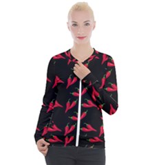 Red, hot jalapeno peppers, chilli pepper pattern at black, spicy Casual Zip Up Jacket