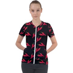 Red, hot jalapeno peppers, chilli pepper pattern at black, spicy Short Sleeve Zip Up Jacket
