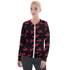 Red, hot jalapeno peppers, chilli pepper pattern at black, spicy Velour Zip Up Jacket
