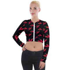 Red, hot jalapeno peppers, chilli pepper pattern at black, spicy Long Sleeve Cropped Velvet Jacket