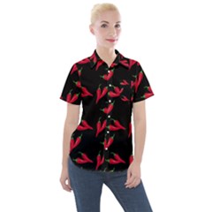 Red, hot jalapeno peppers, chilli pepper pattern at black, spicy Women s Short Sleeve Pocket Shirt
