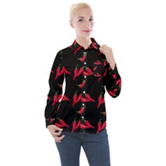 Red, hot jalapeno peppers, chilli pepper pattern at black, spicy Women s Long Sleeve Pocket Shirt