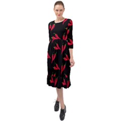 Red, hot jalapeno peppers, chilli pepper pattern at black, spicy Ruffle End Midi Chiffon Dress
