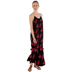 Red, hot jalapeno peppers, chilli pepper pattern at black, spicy Cami Maxi Ruffle Chiffon Dress