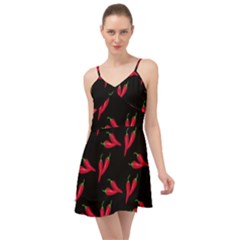 Red, hot jalapeno peppers, chilli pepper pattern at black, spicy Summer Time Chiffon Dress