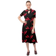Red, hot jalapeno peppers, chilli pepper pattern at black, spicy Keyhole Neckline Chiffon Dress