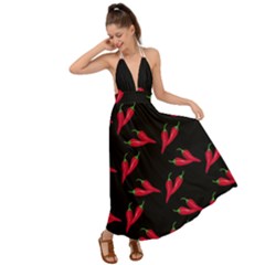 Red, hot jalapeno peppers, chilli pepper pattern at black, spicy Backless Maxi Beach Dress