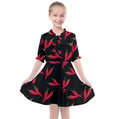Red, Hot Jalapeno Peppers, Chilli Pepper Pattern At Black, Spicy Kids  All Frills Chiffon Dress