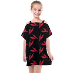 Red, Hot Jalapeno Peppers, Chilli Pepper Pattern At Black, Spicy Kids  One Piece Chiffon Dress