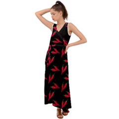 Red, hot jalapeno peppers, chilli pepper pattern at black, spicy V-Neck Chiffon Maxi Dress