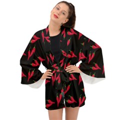 Red, hot jalapeno peppers, chilli pepper pattern at black, spicy Long Sleeve Kimono