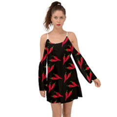 Red, hot jalapeno peppers, chilli pepper pattern at black, spicy Kimono Sleeves Boho Dress