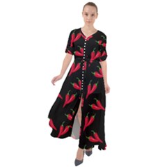 Red, hot jalapeno peppers, chilli pepper pattern at black, spicy Waist Tie Boho Maxi Dress