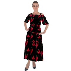 Red, hot jalapeno peppers, chilli pepper pattern at black, spicy Shoulder Straps Boho Maxi Dress 
