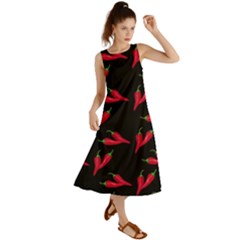 Red, Hot Jalapeno Peppers, Chilli Pepper Pattern At Black, Spicy Summer Maxi Dress by Casemiro
