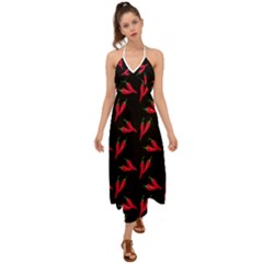 Red, hot jalapeno peppers, chilli pepper pattern at black, spicy Halter Tie Back Dress 