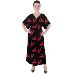 Red, hot jalapeno peppers, chilli pepper pattern at black, spicy V-Neck Boho Style Maxi Dress