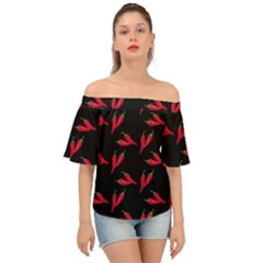 Red, Hot Jalapeno Peppers, Chilli Pepper Pattern At Black, Spicy Off Shoulder Short Sleeve Top by Casemiro