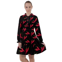 Red, hot jalapeno peppers, chilli pepper pattern at black, spicy All Frills Chiffon Dress