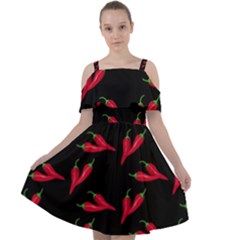 Red, hot jalapeno peppers, chilli pepper pattern at black, spicy Cut Out Shoulders Chiffon Dress
