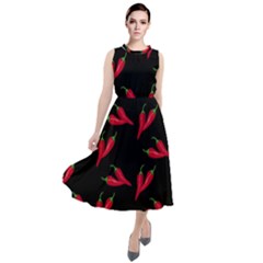 Red, hot jalapeno peppers, chilli pepper pattern at black, spicy Round Neck Boho Dress