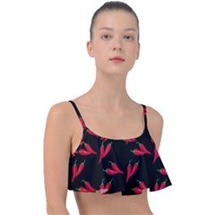 Red, hot jalapeno peppers, chilli pepper pattern at black, spicy Frill Bikini Top