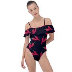 Red, hot jalapeno peppers, chilli pepper pattern at black, spicy Frill Detail One Piece Swimsuit