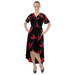 Red, hot jalapeno peppers, chilli pepper pattern at black, spicy Front Wrap High Low Dress