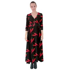 Red, Hot Jalapeno Peppers, Chilli Pepper Pattern At Black, Spicy Button Up Maxi Dress by Casemiro