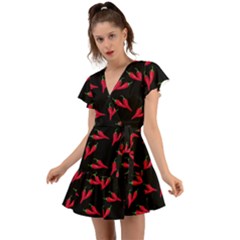 Red, hot jalapeno peppers, chilli pepper pattern at black, spicy Flutter Sleeve Wrap Dress