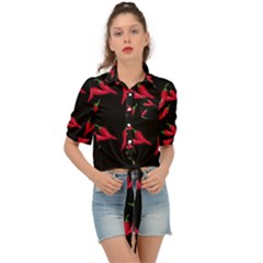 Red, hot jalapeno peppers, chilli pepper pattern at black, spicy Tie Front Shirt 