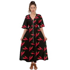 Red, hot jalapeno peppers, chilli pepper pattern at black, spicy Kimono Sleeve Boho Dress
