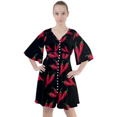 Red, hot jalapeno peppers, chilli pepper pattern at black, spicy Boho Button Up Dress