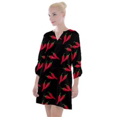 Red, hot jalapeno peppers, chilli pepper pattern at black, spicy Open Neck Shift Dress