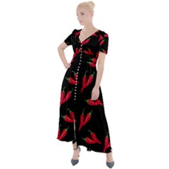 Red, hot jalapeno peppers, chilli pepper pattern at black, spicy Button Up Short Sleeve Maxi Dress