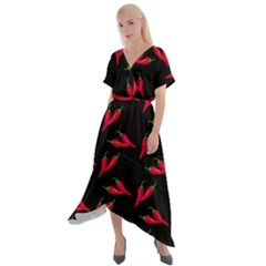 Red, hot jalapeno peppers, chilli pepper pattern at black, spicy Cross Front Sharkbite Hem Maxi Dress