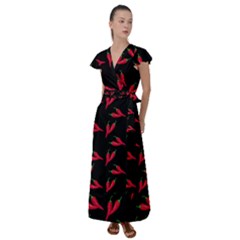 Red, hot jalapeno peppers, chilli pepper pattern at black, spicy Flutter Sleeve Maxi Dress